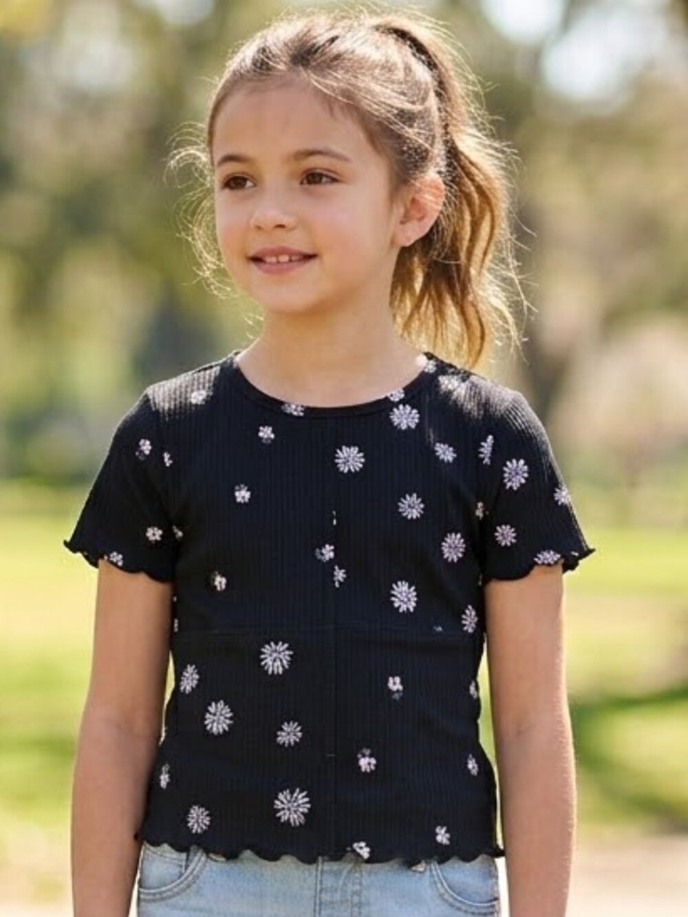 NEW Evsie Patchwork Short Sleeve Lettuce Edge Flower Print Tee Shirt Top T-shirt